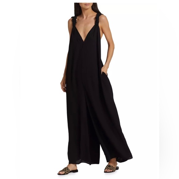 Good American Sexy Twist Jumpsuit Black Pockets 100% Cupro...